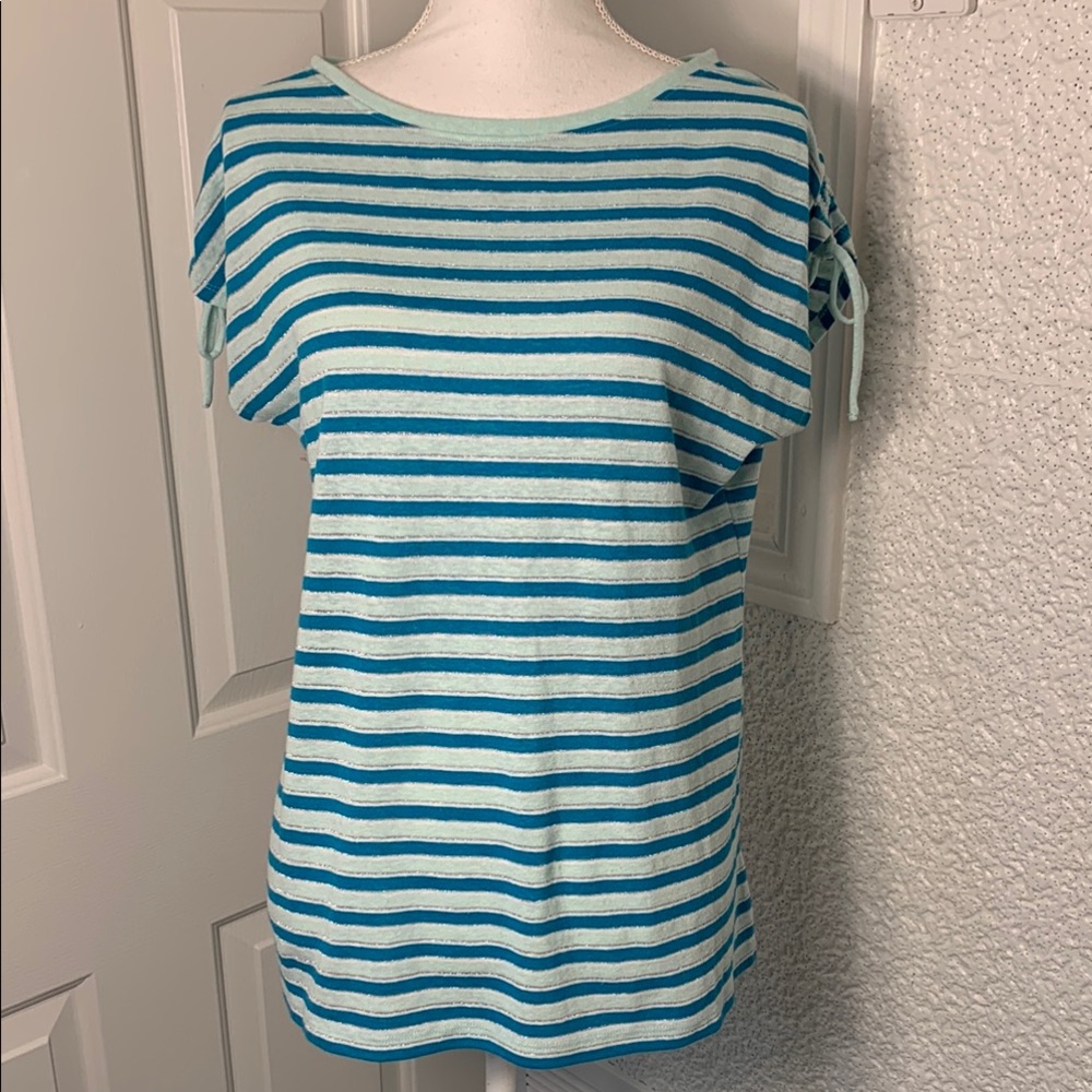 Talbots Striped Blue Women's Top Medium Top Sleeve Tie